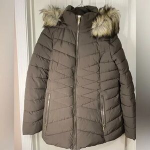 Laundry By Shelli Segal Taupe Puffer Jacket with Faux Fur Hood